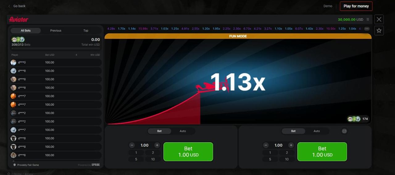 Pin Up Aviator by Spribe in fun mode with 30,000 USD demo balance, multiplier 1.13x, history of rounds, all bets list and two Bet panels