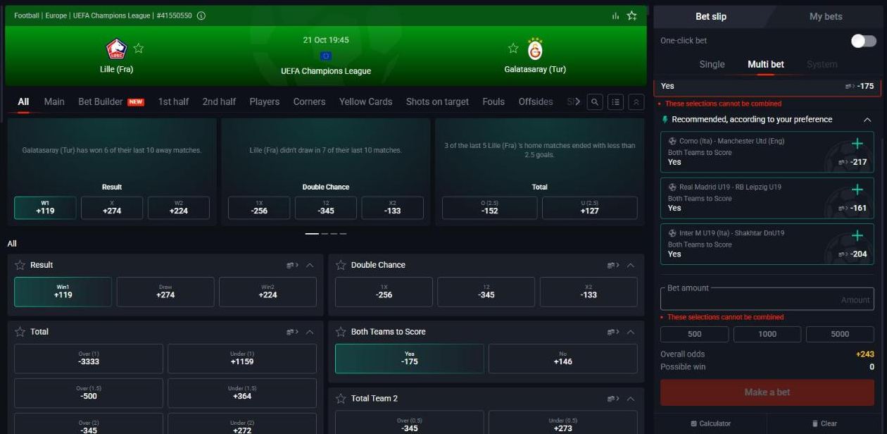 Pin Up bet slip with Single, Multi bet and System tabs, recommended selections, bet amount, quick stakes, overall odds and Make a bet button