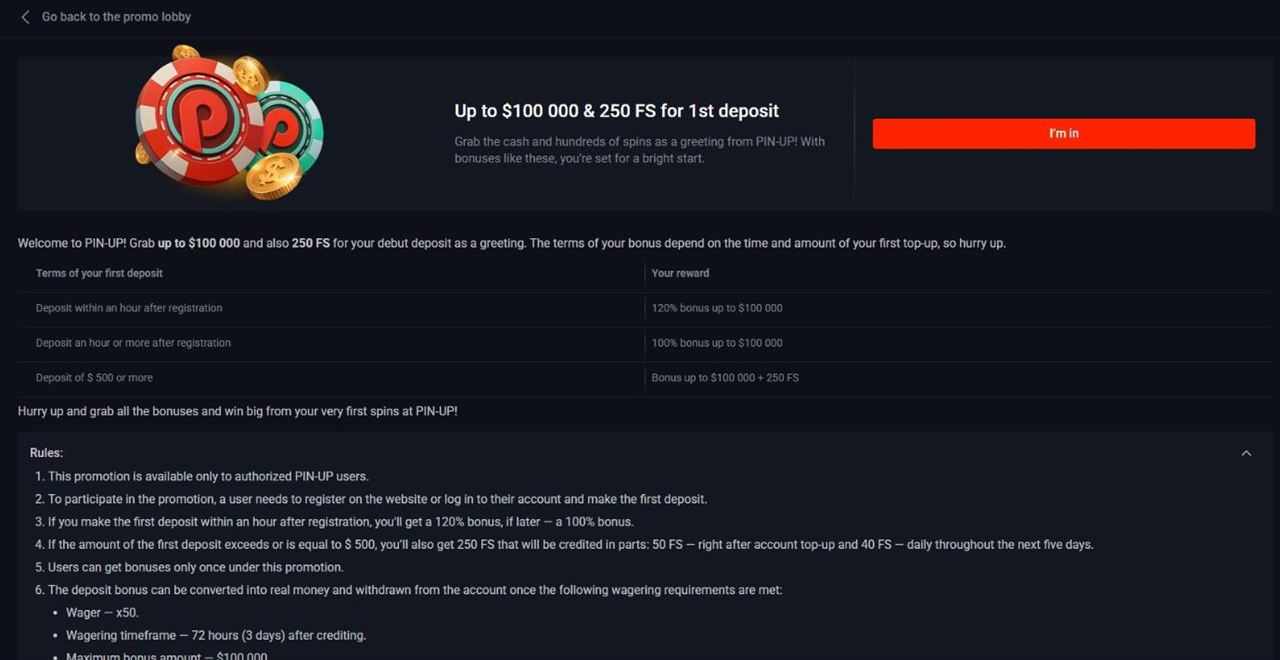 Pin Up casino welcome bonus page Up to $100,000 and 250 FS for 1st deposit with the deposit terms table and rules