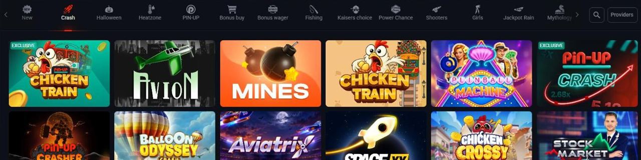 Pin Up Crash games collection with PIN-UP Chicken Train, Avion, Mines, Chicken Train, Plinball Machine, PIN-UP Crash, PIN-UP Crasher, Balloon Odyssey, Aviatrix, SpaceXY and Chicken Crossy