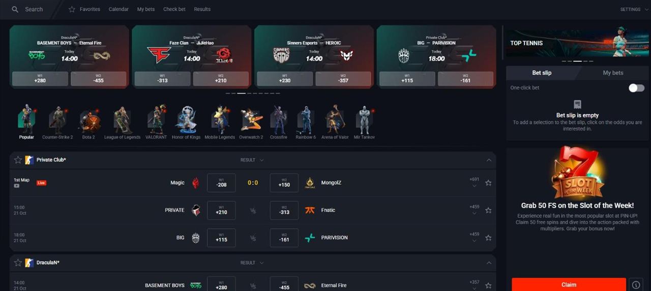 Pin Up esports lobby with match carousel, discipline icons Counter-Strike 2, Dota 2, League of Legends, VALORANT and a live CS2 match
