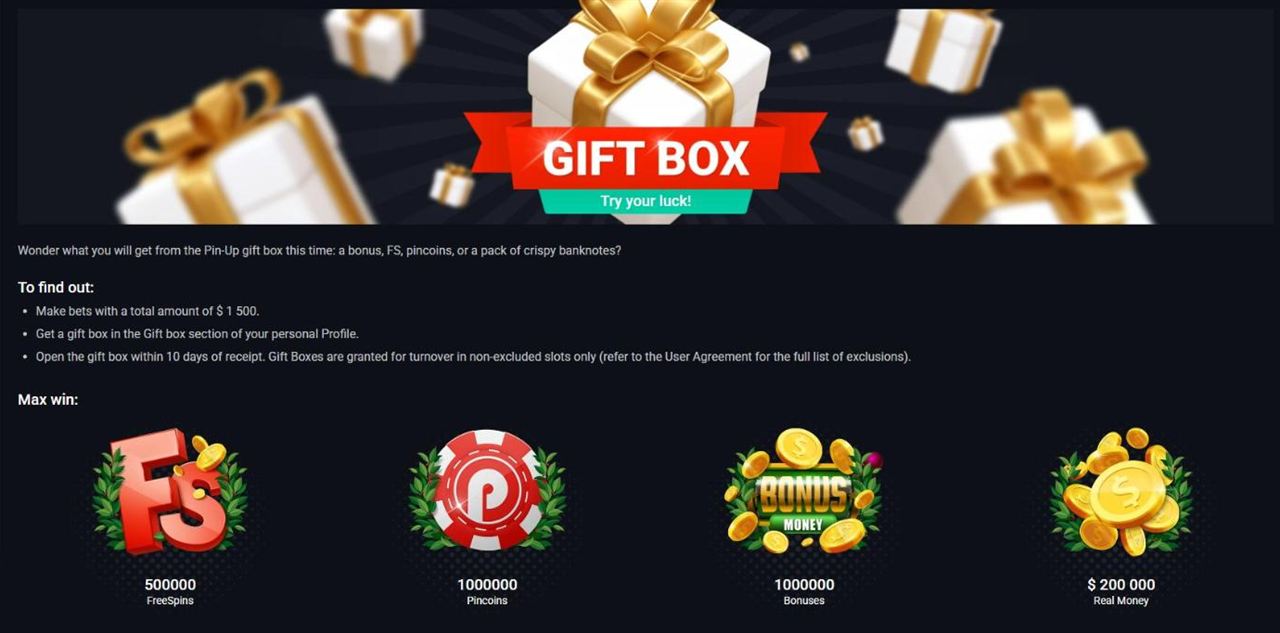Pin Up Gift Box page Try your luck with conditions and maximum wins in free spins, Pincoins, bonuses and real money