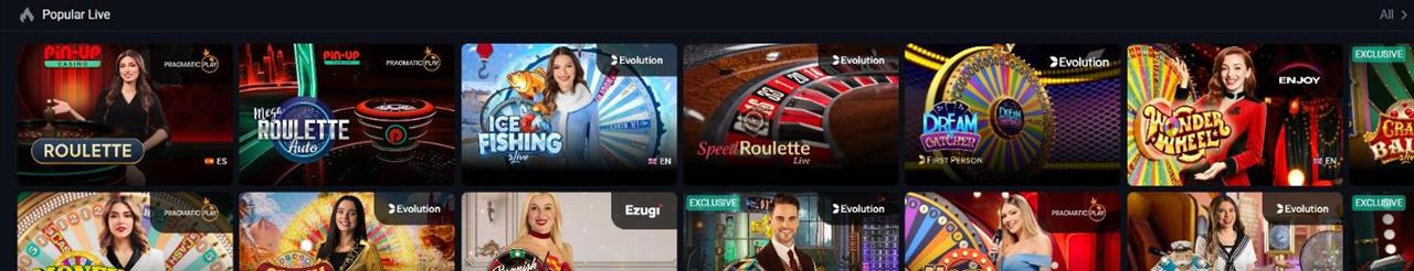 Pin Up live casino popular tables PIN-UP Roulette, PIN-UP Mega Roulette Auto, Ice Fishing, Speed Roulette, Dream Catcher First Person and Wonder Wheel
