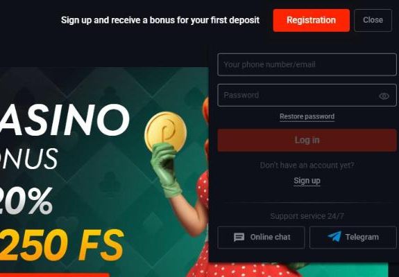 Pin Up login window with phone number or e-mail field, password, Restore password, Log in, Sign up, Online chat and Telegram