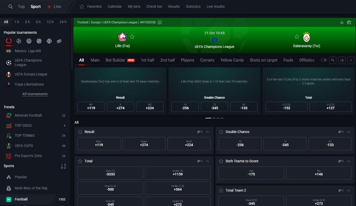 Pin Up match page Lille vs Galatasaray with tabs All, Main, Bet Builder, Players, Corners, Yellow Cards and markets Result, Double Chance, Total, Both Teams to Score
