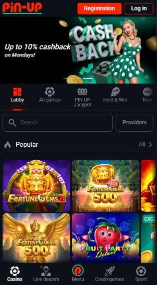 Pin Up mobile casino lobby with Monday cashback banner, search, Providers button and popular slots