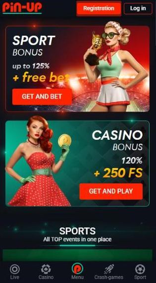 Pin Up mobile homepage with Sport bonus and Casino bonus banners and the bottom navigation bar