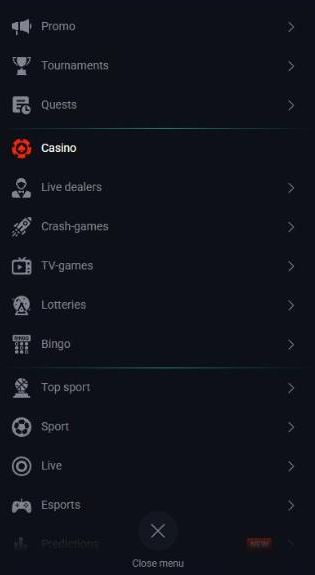 Pin Up mobile menu with Promo, Tournaments, Quests, Casino, Live dealers, Crash-games, TV-games, Lotteries, Bingo, Sport, Live, Esports and Predictions