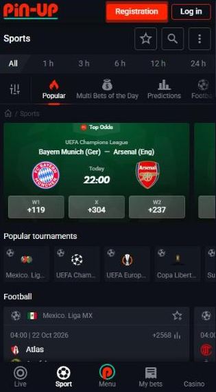Pin Up mobile sportsbook with time filters, Popular, Multi Bets of the Day and Predictions tabs and a UEFA Champions League match