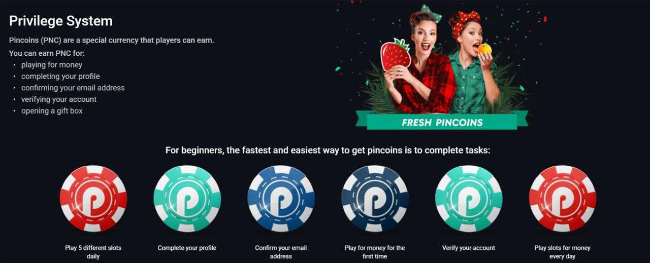 Pin Up Privilege System page explaining Pincoins and how to earn them, with Fresh Pincoins banner and six beginner tasks