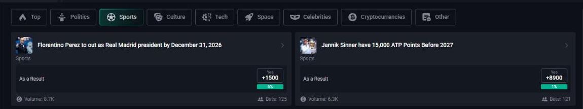 Pin Up Predictions section with category tabs Top, Politics, Sports, Culture, Tech, Space, Celebrities, Cryptocurrencies and two sports markets with Yes odds, probability, volume and bets