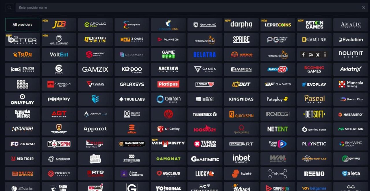 Pin Up casino providers page with logos of JDB, Apollo Play, Endorphina, Novomatic, Pragmatic Play, Spribe, PG Soft, BGaming, Evolution, Hacksaw, Play'n GO, Nolimit City and others