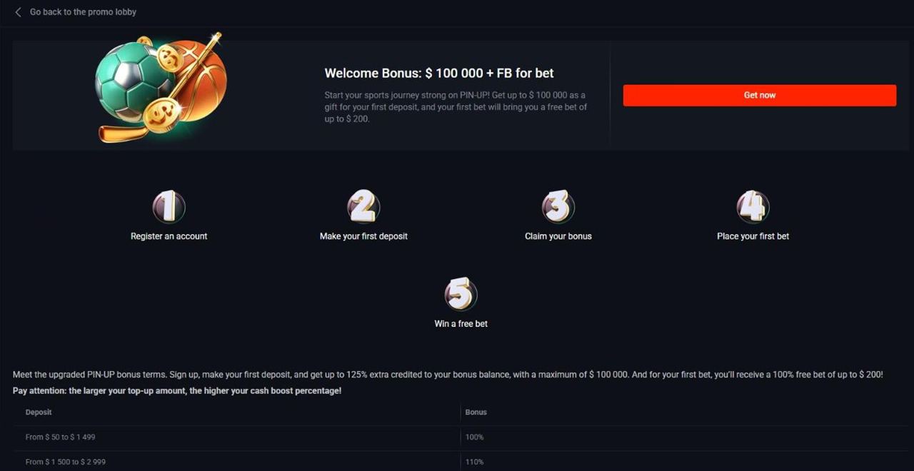 Pin Up sports welcome bonus page Welcome Bonus $100,000 + FB for bet with five steps and the deposit table