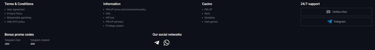 Pin Up footer with Terms and Conditions, Information, Casino links and 24/7 support buttons Online chat and Telegram, Bonus promo codes Telegram chat and channel